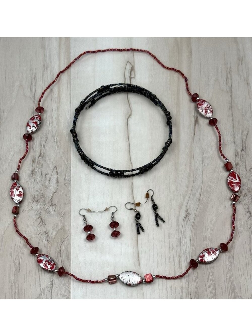 6pc Lot Beaded Jewelry Black Choker & Red 30" Necklace & Dangle Earring SETS EUC